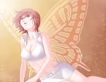  brown_hair butterfly_wings cleavage female looking_up meiko midriff short_hair skirt solo vocaloid wind 