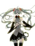  ayu_miko detached_sleeves green_eyes green_hair hatsune_miku headphones highres long_hair necktie simple_background skirt solo thigh-highs thighhighs twintails very_long_hair vocaloid 