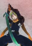  belt bodysuit fang gloves green_hair headband kei_(inu_no_ura) kneeling male messy_hair pauldron pauldrons scarf short_hair solo sword weapon wild_arms wild_arms_1 wild_arms_alter_code_f zed 