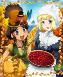  apron autumn berries berry_pie blonde_hair blue_eyes braid brown_hair copyright_request corn food fringe fruit galibo hat headdress indian leaf multiple_girls native_american native_american_headdress ocean pie pilgrim pumpkin purple_eyes raspberry ship smile squaw thanksgiving top_hat turkey violet_eyes 