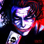  1boy batman_(series) blue card character_name clown dc_comics glasgow_smile grin holding holding_card makeup male red red_eyes s_tanly skull smile solo the_dark_knight the_joker 