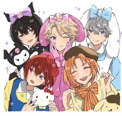  5boys animal_ears black_hair blonde_hair blue_eyes blush bow cinnamoroll closed_eyes closed_mouth cosplay crossdressing ensemble_stars! fake_animal_ears fine_ens gloves grey_hair hair_bow hat hello_kitty_(character) kuromi long_sleeves looking_at_viewer male_focus multiple_boys my_melody narukami_arashi one_eye_closed open_mouth orange_hair pompompurin rabbit_ears red_eyes red_hair sakuma_ritsu sanrio sena_izumi_(ensemble_stars!) short_hair smile suou_tsukasa tsukinaga_leo violet_eyes white_background 