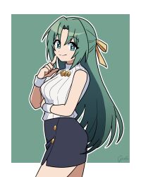  1girl absurdres blue_skirt breasts finger_to_face garloo green_background green_eyes green_hair hair_ribbon highres higurashi_no_naku_koro_ni inktober long_hair looking_at_viewer ribbon signature skirt sleeveless sleeveless_turtleneck smile solo sonozaki_shion turtleneck two-tone_background white_background yellow_ribbon 