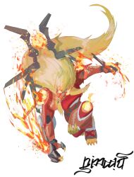  1boy apollomon blonde_hair digimon digimon_(creature) fire full_body highres lion long_hair male_focus nimadj shoulder_pads signature simple_background solo white_background 