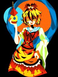  1girl animal_print bishamonten&#039;s_pagoda black_background black_streaks fang hagoromo hand_on_own_hip head_ornament highres holding kaninet multicolored_hair o-ring saturated shawl short_hair solo streaked_hair tiger_print toramaru_shou touhou undefined_fantastic_object upper_body wide_sleeves 