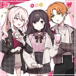  1boy 1girl 1other akiyama_mizuki anger_vein black_coat black_pants black_skirt blonde_hair bow brother_and_sister brown_eyes brown_hair bubble_tea cardigan choker coat commentary_request earrings green_eyes grey_skirt hair_bow jewelry jirai_kei long_hair long_sleeves looking_at_another multicolored_hair nail_polish necklace orange_hair pants pink_eyes pink_shirt ponytail project_sekai red_shirt shinonome_akito shinonome_ena shirt short_hair siblings skirt sweatdrop two-tone_hair waka_(wk4444) white_cardigan white_shirt 
