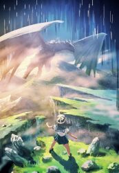  1girl black_hair black_sailor_collar black_skirt cliff commentary_request day dragon floating_hair full_body head-mounted_display highres legs_apart long_hair original outdoors pleated_skirt sailor_collar sanmen_(threeface_il) school_uniform serafuku shadow shirt short_sleeves skirt solo standing summer_uniform western_dragon white_shirt 