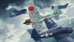  1boy a6m_zero absurdres aerial_battle aircraft airplane artist_name battle bullet_hole clouds cloudy_sky commentary_request day f6f_hellcat flying highres horizon imperial_japanese_navy kudryavka_trop military_vehicle motion_blur ocean original outdoors propeller propeller_fighter red_sun roundel sakai_saburou signature sky smoke united_states_navy vehicle_focus water world_war_ii 