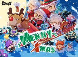  3girls 5boys absolutely_everyone ahu_(to_be_hero_x) alternate_costume annotated beard big_johnny_(to_be_hero_x) bird black_shirt bow bowtie box can cape character_doll character_request check_character chibi chibi_only chinese_commentary christmas_tree clover coat commentary_request copyright_name covered_mouth doll dragon_boy_(to_be_hero_x) e-soul_(to_be_hero_x) english_commentary english_text everyone facial_hair feathers fur_trim ghostblade_(to_be_hero_x) gift hair_slicked_back hat highres holding holding_box holding_can holding_feather holding_reins house little_johnny_(to_be_hero_x) loli_(to_be_hero_x) lucky_cyan_(to_be_hero_x) merry_christmas moon mountainous_horizon multiple_boys multiple_girls musical_note nice_(to_be_hero_x) night official_art paint_can pouch promotional_art queen_(to_be_hero_x) red_cape red_coat reindeer reins santa_hat scroll shirt short_hair sleigh snow snowflakes snowman sparkle spraying star_(symbol) tinted_eyewear to_be_hero to_be_hero_x toy tree white_hair x_(to_be_hero_x) yellow-tinted_eyewear 