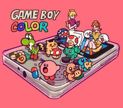  1-up_mushroom block_(mario) blue_eyes blush boo_(mario) bulbasaur chain_chomp charmander commentary cookie crop_top crown earrings eating food game_boy game_boy_color hair_over_eyes handheld_game_console highres holding holding_handheld_game_console jewelry kirby kirby_(series) looking_at_object midriff_peek multiple_boys multiple_girls nintendo off-shoulder_sweater off_shoulder orange_socks pants pearl_earrings pink_background pink_socks pink_sweater pokemon princess_daisy princess_peach riding riding_pokemon saliva short-sleeved_sweater short_sleeves simple_background sitting smile socks squirtle standing super_mario_bros. sweater takeuchi_ryousuke teeth toad_(mario) turtleneck white_pants 