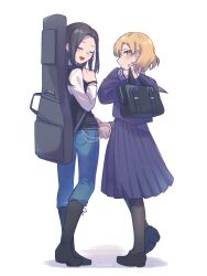  2girls :d :| asymmetrical_footwear bag bang_dream! black_boots black_hair black_jacket black_shoes black_socks blonde_hair blue_shoes blush boots closed_eyes closed_mouth commentary_request denim from_behind full_body guitar_case hand_up highres holding_hands instrument_case invisible_floor jacket jeans leg_up loafers long_hair long_sleeves looking_at_viewer looking_back mismatched_footwear multiple_girls open_mouth pants pantyhose pocket profile purple_serafuku sato_masuki school_bag school_uniform serafuku shirt shoes short_hair side-by-side sidelocks simple_background sleeveless sleeveless_jacket smile socks standing standing_on_one_leg twitter_username umaa42 wakana_rei white_background white_shirt wrist_belt wrist_chain yellow_eyes 