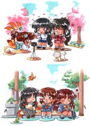  6+girls ^^^ ^_^ absurdres adachi_taeko animal ayasaki_wakana bell bench bird black_hair black_shoes blue_bag blue_bow blue_bowtie blue_ribbon blue_sailor_collar blue_serafuku blue_shirt blue_skirt bow bowtie braid braided_sidelocks brown_eyes brown_hair brown_shoes camera cat cherry_blossoms chibi chibi_only closed_eyes clouds commentary_request covering_own_mouth day falling falling_petals faucet flying flying_sweatdrops green_bird green_skirt green_vest hair_bobbles hair_bow hair_ornament hair_ribbon hand_on_own_hip hand_over_own_mouth hand_up hands_up heart highres jingle_bell kokomahi loafers long_hair looking_at_another low-tied_long_hair low_twintails matsuoka_chie multiple_girls nagakura_emiru neck_bell neckerchief notice_lines official_art on_bench open_mouth orange_bag orange_bird outdoors pantyhose park park_bench parted_lips petals pleated_skirt ponytail red_bow red_bowtie red_neckerchief red_ribbon red_shirt red_skirt ribbon rock sailor_collar sawatari_honoka school_uniform sentimental_graffiti serafuku shirt shoes short_hair short_twintails sitting skirt sleeping sleeping_upright smile socks speech_bubble spoken_zzz spring_(season) standing star_(symbol) sugihara_manami thigh-highs tree tripping twintails very_long_hair vest white_bow white_cat white_sailor_collar white_shirt white_shoes white_socks wooden_bench yellow_bow yellow_bowtie yellow_shirt yellow_thighhighs zzz 