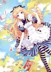  alice_(wonderland) alice_in_wonderland apron blonde_hair blue_eyes buttons card cards cookie dress food hair_ribbon highres long_hair lying lying_card map nardack on_back pocket_watch ribbon striped striped_legwear striped_thighhighs thigh-highs thighhighs watch 
