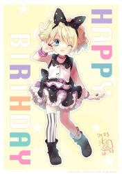  1girl 2023 ;d absurdres artist_name asymmetrical_legwear bead_bracelet bead_necklace beads black_bow black_hairband black_shoes black_skirt black_socks black_thighhighs blonde_hair blue_eyes border bow bow_hairband bracelet child collared_shirt commentary_request copyright_notice dated di_gi_charat frilled_skirt frills full_body hair_bow hairband happy_birthday highres jewelry koge_donbo looking_at_viewer loose_socks mismatched_legwear necklace official_art one_eye_closed open_mouth piyoko polka_dot polka_dot_bow polka_dot_skirt polka_dot_socks ring second-party_source shirt shoes short_hair signature single_sock single_thighhigh skirt sleeveless sleeveless_shirt smile socks solo standing striped_clothes striped_thighhighs thigh-highs uneven_legwear white_border white_shirt white_socks white_thighhighs yellow_background 
