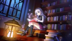  1girl blue_eyes book dolphin_wave game_cg high_school_dxd highres holding holding_book kuoh_academy_school_uniform lantern library long_hair looking_at_viewer night non-web_source official_art ootomo_takuji open_mouth purple_hair reading schnee_weissberg school_uniform sitting smile 
