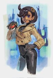  1girl black_hair black_jumpsuit blue_background dark-skinned_female dark_skin emma_(pokemon) hand_on_own_hip kornart mega_stone pok&eacute;mon poke_ball pokemon_za short_hair short_jacket violet_eyes 
