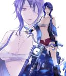  bandage blue_hair breasts cleavage eyepatch highres koutarou_(artist) motor_vehicle motorcycle navel open_fly original red_eyes shorts solo torn_clothes underboob unzipped vehicle zoom_layer 
