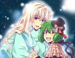  blue_eyes green_hair hand_holding hat holding_hands kurogoma_(monkey88) long_hair macross macross_frontier macross_frontier:_itsuwari_no_utahime mini_top_hat multiple_girls open_mouth pink_hair ranka_lee red_eyes sheryl_nome short_hair smile top_hat 