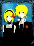  aine_(artist) bad_id bare_shoulders blonde_hair brother_and_sister flower grin hair_flower hair_ornament hairband kagamine_len kagamine_rin open_clothes open_jacket siblings smile teeth twins vocaloid yellow_eyes 