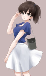  1girl black_bag black_hair blue_shirt brown_eyes commentary_request feet_out_of_frame grey_background kaga_(kancolle) kaga_(kure)_(kancolle) kantai_collection kitagawa_mikio long_skirt official_alternate_costume shirt short_sleeves side_ponytail simple_background skirt solo standing white_skirt 