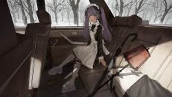  1girl absurdres apron back_bow bare_tree black_bow black_bowtie black_dress black_ribbon black_umbrella blue_eyes blush bow bowtie breasts briefcase car car_interior car_seat closed_umbrella contrast_collar dress footwear_bow frilled_apron frilled_thigh_strap frills hair_ornament hair_ribbon heterochromia highres indie_virtual_youtuber kneehighs lamppost legwear_garter loafers long_hair long_sleeves looking_at_viewer maid maid_apron maid_headdress motor_vehicle open_mouth platform_shoes purple_hair ribbon shoes sitting sleepwalker_(1219954168) small_breasts smile snow socks solo swept_bangs thigh_strap tree twintails umbrella violet_eyes virtual_youtuber watanuki_beleth white_apron white_bow white_headdress white_shoes white_socks winter x_hair_ornament 