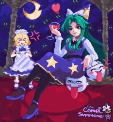  alice_margatroid alice_margatroid_(pc-98) alternate_costume anger_vein apron bakebake_(touhou) blonde_hair comet_summoner98 cup dress dress_vest drinking_glass enmaided frilled_apron frills ghost ghost_tail glass green_eyes green_hair hat holding holding_cup long_hair long_sleeves maid maid_apron maid_headdress mima_(touhou) mystic_square pantyhose pixel_art shirt short_hair sitting_on_animal smile staff sun_print sun_symbol tongue tongue_out touhou touhou_(pc-98) triangular_headpiece waist_apron white_apron white_shirt wine_glass wizard_hat 