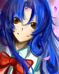  bad_id blue_hair bow brown_eyes chidori_kaname full_metal_panic! highres long_hair petals school_uniform smile solo 
