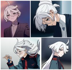  1girl asticassia_school_uniform baesong black_jacket blush closed_mouth commentary_request cool_(gundam_suisei_no_majo) derivative_work earrings green_jacket grey_eyes gundam gundam_suisei_no_majo hair_bun jacket jewelry korean_commentary miorine_rembran multiple_views parted_lips school_uniform screenshot_redraw shirt smile white_hair white_shirt 