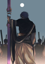  6+boys back duryodhana_(fate) fate/grand_order fate_(series) from_behind full_body grey_sky highres holding holding_polearm holding_weapon indian_clothes male_focus multiple_boys oriya_1ryo polearm purple_hair shirt short_hair sky weapon 
