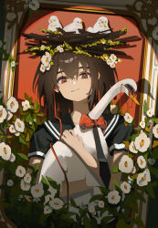  1girl animal animal_hug animal_on_head baby_animal bird bird_nest bird_on_head black_necktie black_shirt bow bowtie brown_hair dot_nose duck duckling earphones earphones flower glasses hair_between_eyes hair_flower hair_ornament highres holding holding_animal long_hair looking_at_viewer necktie nest nest_on_head northernw on_head original picture_frame poppy_(flower) red-framed_eyewear red_bow red_bowtie red_eyes sailor_collar shadow shirt smile solo spotlight thick_eyebrows upper_body white_flower 