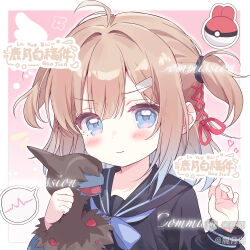 1girl absurdres ahoge artist_name black_sailor_collar black_shirt blue_bow blue_bowtie blue_eyes blush border bow bowtie brown_hair character_request closed_mouth deino_(pokemon) hair_ribbon hair_tie highres holding holding_pokemon long_sleeves looking_at_viewer lu_yue_bai medium_hair original outside_border pink_background pokemon pokemon_(creature) portrait red_ribbon ribbon sailor_collar school_uniform serafuku shirt sidelocks solo two_side_up white_border