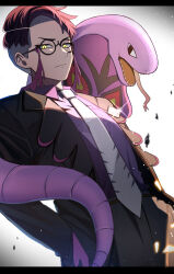  1boy absurdres arbok black-framed_eyewear black_hair black_jacket black_pants closed_mouth collared_shirt commentary_request corbeau_(pokemon) glasses glint hand_in_pocket highres jacket kei_nadeshiko letterboxed looking_at_viewer looking_down male_focus necktie open_clothes open_jacket pants pokemon pokemon_(creature) pokemon_legends:_z-a purple_shirt shirt short_hair white_necktie yellow_eyes 