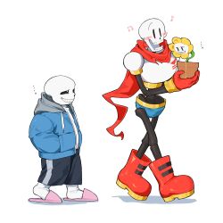  ... 2boys black_shorts blue_jacket blue_male_underwear blush_stickers boots drawstring flower flower_pot flowey_(undertale) grey_hoodie hands_in_pockets height_difference highres holding holding_flower_pot hood hoodie jacket male_underwear multiple_boys musical_note open_clothes open_jacket p_ch3c00h papyrus_(undertale) pink_slippers red_boots red_scarf sans_(undertale) scarf shadow shirt shorts simple_background skeleton slippers smile socks teeth torn_clothes torn_scarf undertale underwear utdr_(toby_fox) white_background white_shirt white_socks 