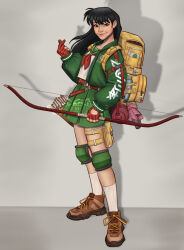  1girl absurdres backpack bag black_hair bow_(weapon) brown_eyes character_charm charm_(object) finger_heart fingerless_gloves gloves green_sailor_collar green_skirt highres higurashi_kagome holding holding_bow_(weapon) holding_weapon inuyasha japanese_clothes knee_pads long_hair pouch sailor_collar school_uniform skirt smile tagme thigh_pouch weapon wepepe-draws yellow_bag 