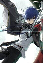  1boy armband belt black_gloves black_pants black_ribbon blue_eyes blue_hair bluesky_username closed_mouth cowboy_shot digital_media_player digital_walkman dress_shirt earphones earphones_removed evoker floating_clothes full_moon gekkoukan_high_school_uniform glint gloves grey_belt hair_over_one_eye highres holding holding_sword holding_weapon lee999nine long_sleeves looking_at_viewer male_focus moon pants persona persona_3 persona_3_reload red_armband ribbon s.e.e.s school_uniform shirt short_hair solo sword twitter_username walkman_nw-s203f weapon weibo_username white_shirt yuuki_makoto_(persona_3) 