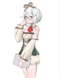  1girl adjusting_eyewear ascot bare_shoulders book cecilia_immergreen cecilia_immergreen_(1st_costume) commentary corset cowboy_shot detached_collar detached_sleeves doll_joints glasses green_corset green_eyes green_streaks highres holding holding_book hololive hololive_english joints long_sleeves looking_at_viewer mendako_(wjkgreat) multicolored_hair red_ascot short_hair simple_background smile solo strapless streaked_hair symbol-only_commentary virtual_youtuber white_background white_hair winding_key 