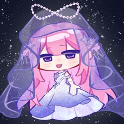  1girl absurdly_long_hair bare_shoulders bead_necklace beads blunt_bangs braid brooch by_stars_be_sworn_(shining_nikki) chibi chinese_commentary commentary_request dress elbow_gloves eyes_visible_through_hair floating_headgear gloves gown hair_beads hair_ornament half_up_half_down_braid halo happy haroi headgear hexagram infinity_symbol jewelry light_blush long_dress long_hair looking_at_viewer necklace nikki_(nikki) nikki_(series) open_mouth pink_eyes pink_hair pleated_dress print_dress purple_dress purple_veil see-through_clothes see-through_veil shining_nikki shirt sleeveless sleeveless_shirt smile solo space space_print standing star_(symbol) star_brooch star_hair_ornament starry_sky_print veil very_long_hair white_gloves 