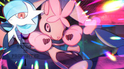  2girls alternate_color animal_ears animal_nose arched_back arms_up artist_name backless_dress backless_outfit black_dress black_gloves black_pantyhose black_sclera blue_hair bob_cut body_fur brown_fur chromatic_aberration closed_mouth colored_sclera colored_skin commentary_request diffraction_spikes dress elbow_gloves english_text flat_chest from_side furry furry_female gardevoir gloves hair_over_one_eye hand_up happy highres leg_up long_dress looking_at_viewer lopunny mega_gardevoir mega_lopunny mega_pokemon multiple_girls one_eye_covered open_mouth pantyhose partial_commentary pink_eyes pink_fur pokemon pokemon_(creature) rabbit_ears rabbit_girl rabbit_tail red_eyes shiny_pokemon shiroraba short_hair short_tail signature smile standing standing_on_one_leg strapless strapless_dress tail torn_clothes torn_pantyhose twitter_username two-tone_fur watermark white_skin 