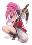  breasts cleavage guchico guilty_gear highres japanese_clothes kataginu katana long_hair one-eyed pink_hair ponytail red_eyes scar solo sword tattoo weapon 