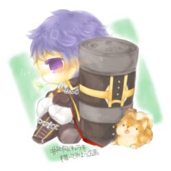  1boy black_boots black_coat blush boots coat commentary_request full_body gatling_gun male_focus minigun mouth_hold pants purple_hair ragnarok_online rebellion_(ragnarok_online) shiba_inu short_hair sitting solo stalk_in_mouth translation_request violet_eyes white_background white_pants yasiro 