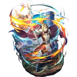  1boy ahoge arm_up armor armored_boots artist_request aura belt black_belt black_shirt blonde_hair boots bracer cape castle clenched_teeth collared_tunic couter cuisses dust_cloud fire floating_hair forehead full_body game_cg gold_trim grass grey_boots high_collar holding holding_polearm holding_weapon kitamura_motoyasu legendary_spear_(tate_no_yuusha_no_nariagari) light_smile long_sleeves looking_at_viewer male_focus medium_hair messy_hair multiple_belts official_art on_ground outdoors pants parted_lips pauldrons pinstripe_pants pinstripe_pattern pinstripe_shirt polearm poleyn ponytail red_cape red_eyes red_tunic shirt short_ponytail shoulder_armor sidelocks simple_background sleeveless_tunic solo spear standing tate_no_yuusha_no_nariagari tate_no_yuusha_no_nariagari_rerise teeth transparent_background tunic turtleneck_tunic two-tone_tunic v-shaped_eyebrows vambraces weapon weapon_request white_belt white_pants white_tunic 