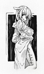  1girl animal_ears body_writing dog_ears english_text greyscale highres ikeda_ruriko long_hair looking_at_viewer monochrome original robe solo traditional_media white_robe window 