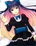  blue_eyes blue_hair bow gothic_lolita gradient_hair lolita_fashion lying multicolored_hair panty_&amp;_stocking_with_garterbelt pink_hair stocking_(character) stocking_(psg) 