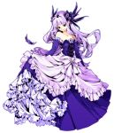  bare_shoulders blue_eyes blunt_bangs dress elbow_gloves feathers frilled_dress frills gloves gown gwendolyn lavender_hair long_hair oboro_keisuke odin_sphere purple_hair simple_background skirt_hold solo 