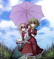  alice_margatroid ascot basket blonde_hair blue_eyes capelet colored fisheye flower gloves grass green_hair hair_flower hair_ornament hairband highres kazami_yuuka long_skirt multiple_girls plaid plaid_skirt plaid_vest red_eyes rl s-syogo shared_umbrella short_hair skirt skirt_set sky smile touhou umbrella untucked youkai 