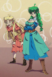 1990s_(style) 2girls absurdres ahoge belt blonde_hair blue_dress blue_eyes boots braid breast_envy breasts cleavage commission commissioner_upload corset crossed_arms deltaflareon dress earrings elf euphemy_sylvaine fake_screenshot film_grain full_body glasses green_dress green_eyes green_hair highres jewelry large_breasts long_hair long_sleeves looking_at_viewer lotte_farona multiple_girls official_art open_mouth orange_dress pointy_ears retro_artstyle round_eyewear signature smile standing twin_braids ways_of_darkness_(series)