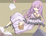  alternate_costume an_(angular-angler) bad_id bare_shoulders book crescent crescent_moon dress frills high_heels long_hair moon no_hat no_headwear patchouli_knowledge purple_eyes purple_hair shawl shoes solo strap_slip touhou violet_eyes 