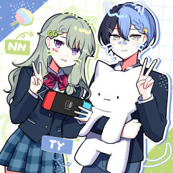  1boy 1girl aoyagi_touya bandaid bandaid_on_face bandaid_on_nose black_hair blue_cardigan blue_hair blue_skirt bow bowtie cardigan commentary_request grey_eyes grey_hair heart hugging_object kamiyama_high_school_uniform_(project_sekai) kusanagi_nene long_hair long_sleeves marking_on_cheek mole mole_under_eye multicolored_hair necktie nintendo_switch project_sekai school_uniform shirt short_hair skirt split-color_hair stuffed_animal stuffed_toy two-tone_hair violet_eyes waka_(wk4444) white_shirt 