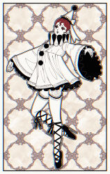  1girl ballerina ballet ballet_boots blackberreh-art bow clown clown_makeup design_speculation doll_joints dress en_pointe eyelashes full_body hat highres joints lips long_sleeves looking_at_viewer makeup mannequin neck_ruff nikola_orsinov pierrot red_eyes red_hair short_hair smile solo the_magnus_archives 