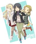 3girls akiyama_mio bad_id black_eyes black_hair blonde_hair blue_eyes boots brown_eyes brown_hair digital_media_player earmuffs earphones fashion furumiya_haiji ipod jacket k-on! kotobuki_tsumugi long_hair multiple_girls pantyhose short_hair tainaka_ritsu vest winter_clothes